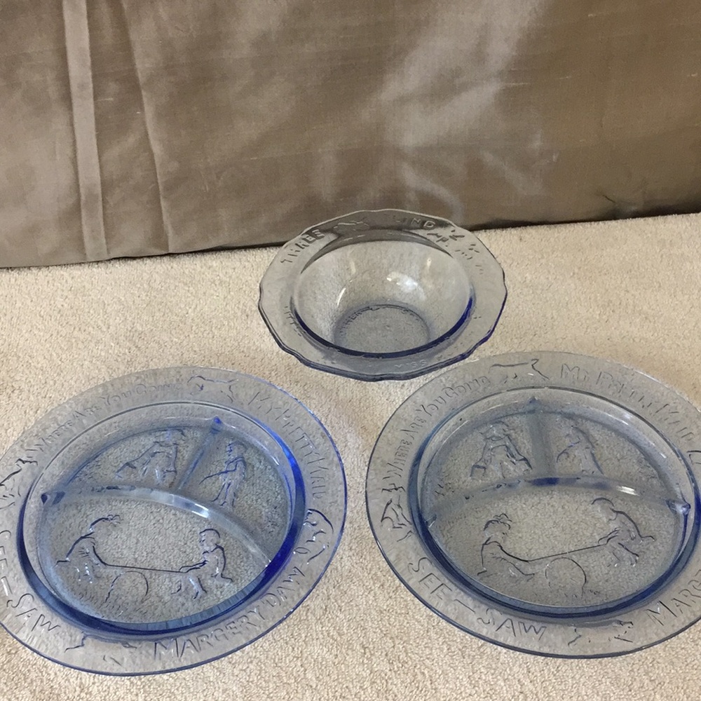Vintage Tiara Glass Ice Blue Nursery Rhyme Kids Collectible dishes Children's